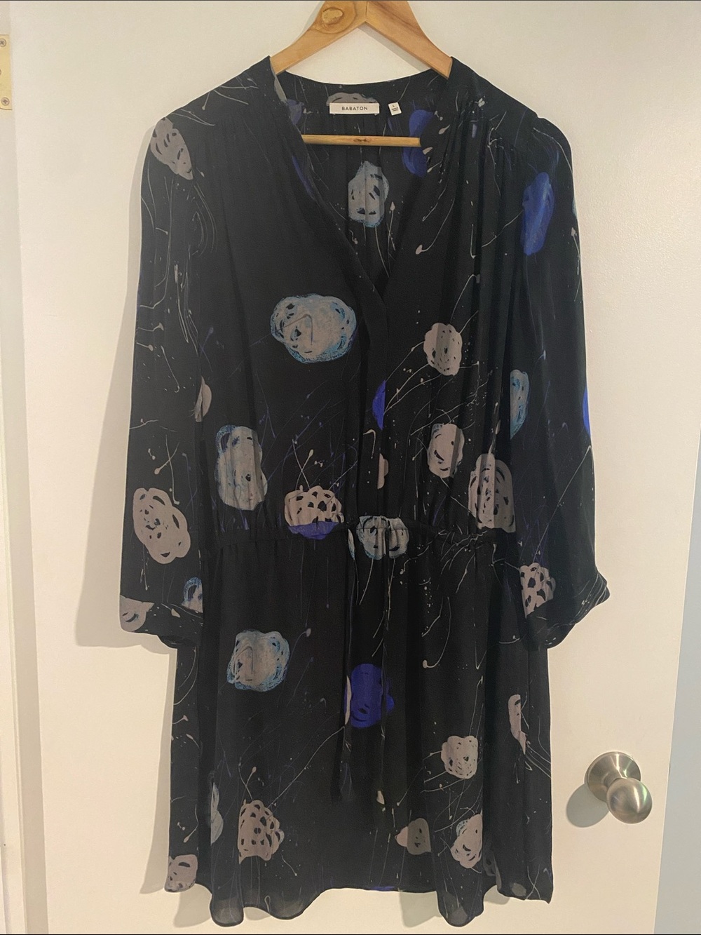 Babaton Black Long Sleeve Abstract Floral-Print Dress with Blue Accents